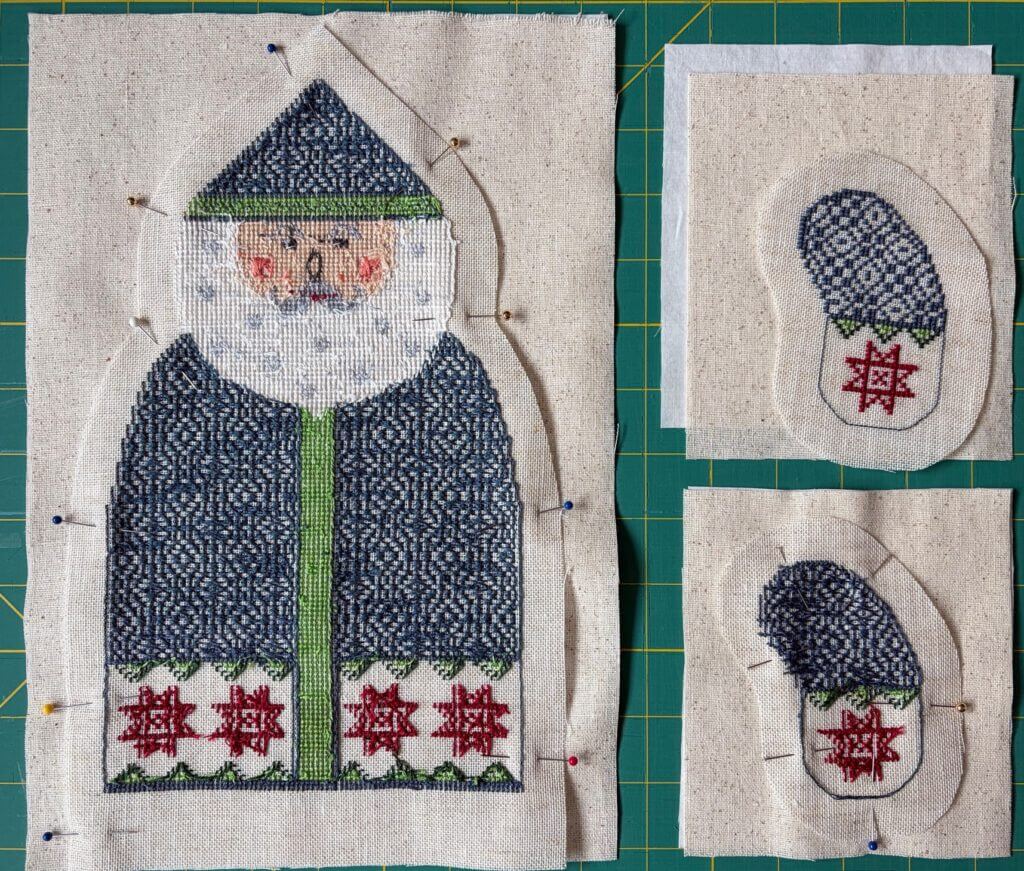 Body and arms pinned to backing and lining